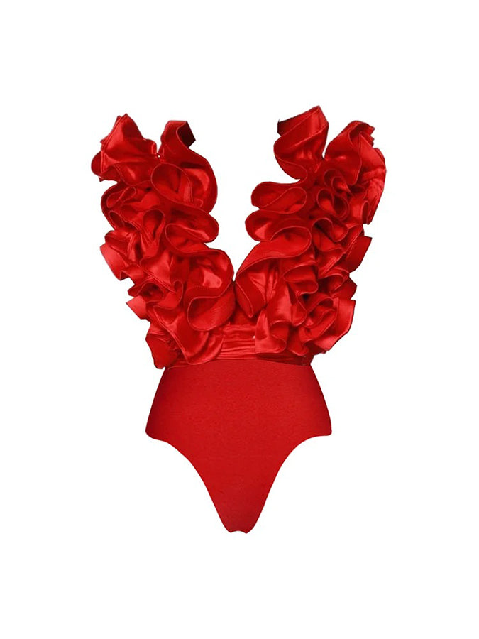 Red Flower Frilled One Shoulder Bikini Swimsuit and Skirt