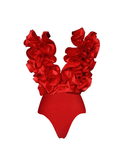 Red Flower Frilled One Shoulder Bikini Swimsuit and Skirt