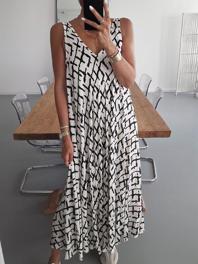 V Neck Geometric Printed Sleeveless Maxi Dress