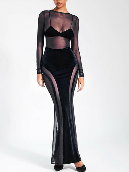 Long Sleeves Mesh Panled See-through Maxi Dress