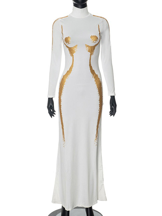 Long Sleeves Printed Slim Maxi Dress