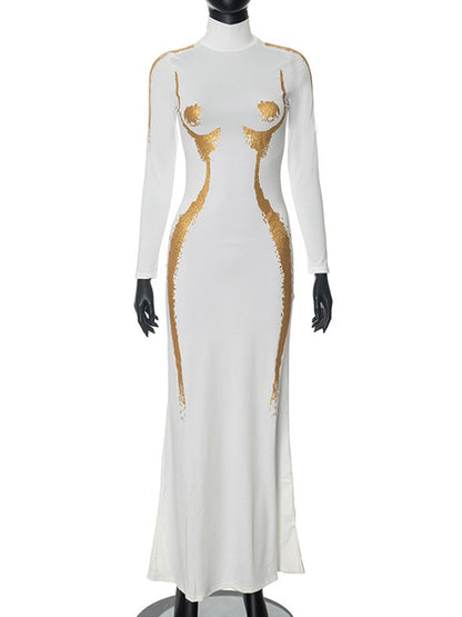 Long Sleeves Printed Slim Maxi Dress