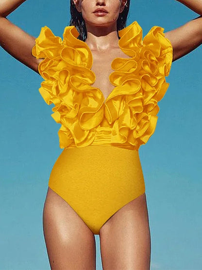 Frilled V Neck One Piece Swimsuit and Skirt