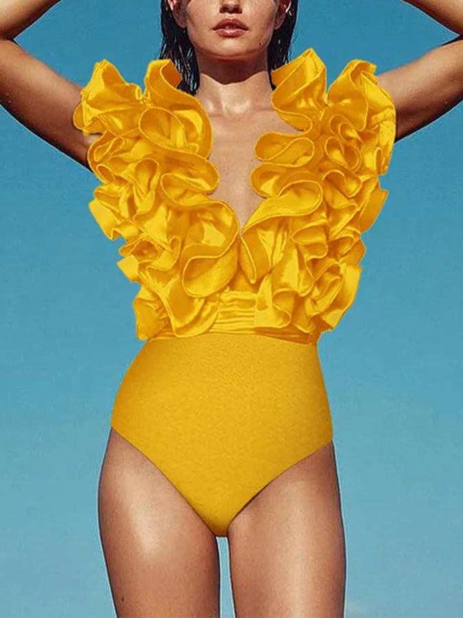 Frilled V Neck One Piece Swimsuit and Skirt