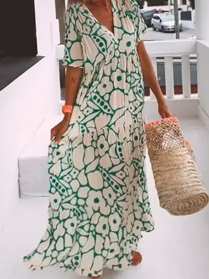 Short Sleeves V Neck Printed Maxi Dress