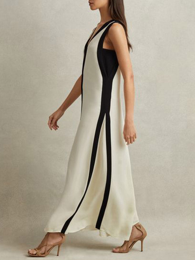 White-black Color-block V Neck Maxi Dress