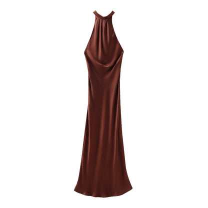 Spring Backless Silk Satin Texture Dress Hanging Collar Maxi Dress