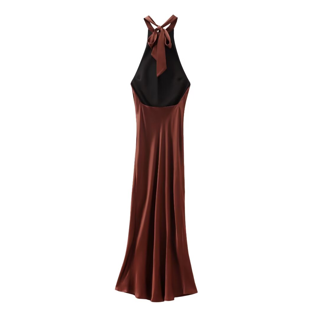 Spring Backless Silk Satin Texture Dress Hanging Collar Maxi Dress