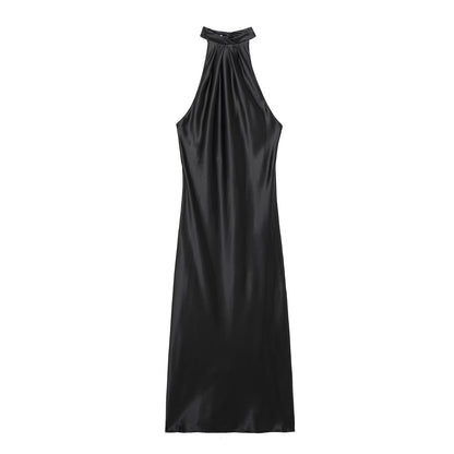 Spring Backless Silk Satin Texture Dress Hanging Collar Maxi Dress