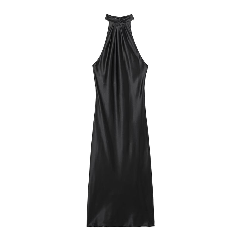 Spring Backless Silk Satin Texture Dress Hanging Collar Maxi Dress