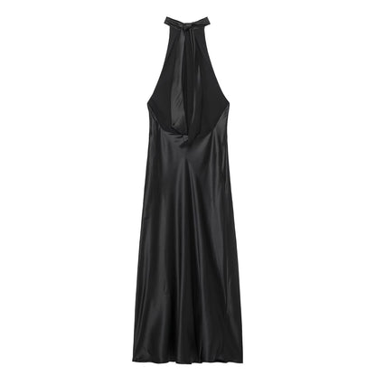 Spring Backless Silk Satin Texture Dress Hanging Collar Maxi Dress