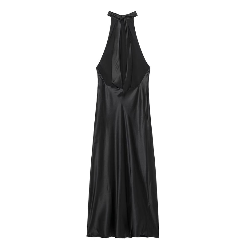 Spring Backless Silk Satin Texture Dress Hanging Collar Maxi Dress