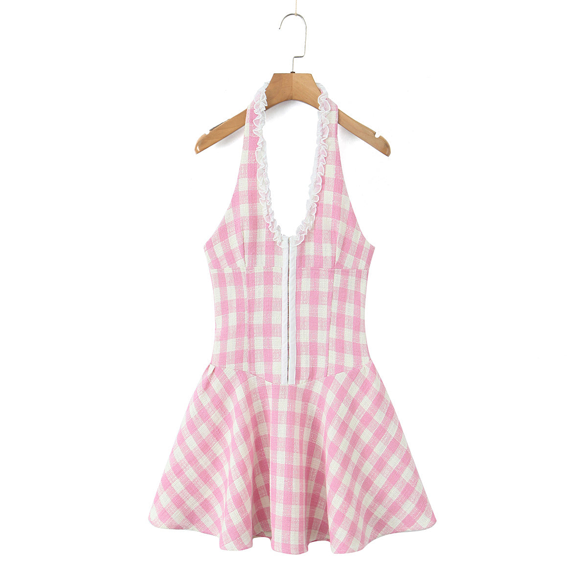 Sweet Plaid V Neck Halter Slim Waist Dress Summer Edge Stitched Backless Short Mini Dress