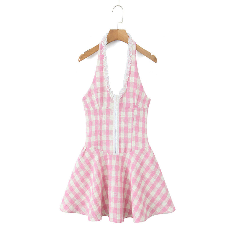 Sweet Plaid V Neck Halter Slim Waist Dress Summer Edge Stitched Backless Short Mini Dress