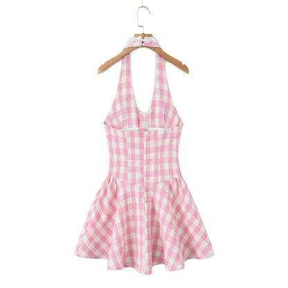 Sweet Plaid V Neck Halter Slim Waist Dress Summer Edge Stitched Backless Short Mini Dress