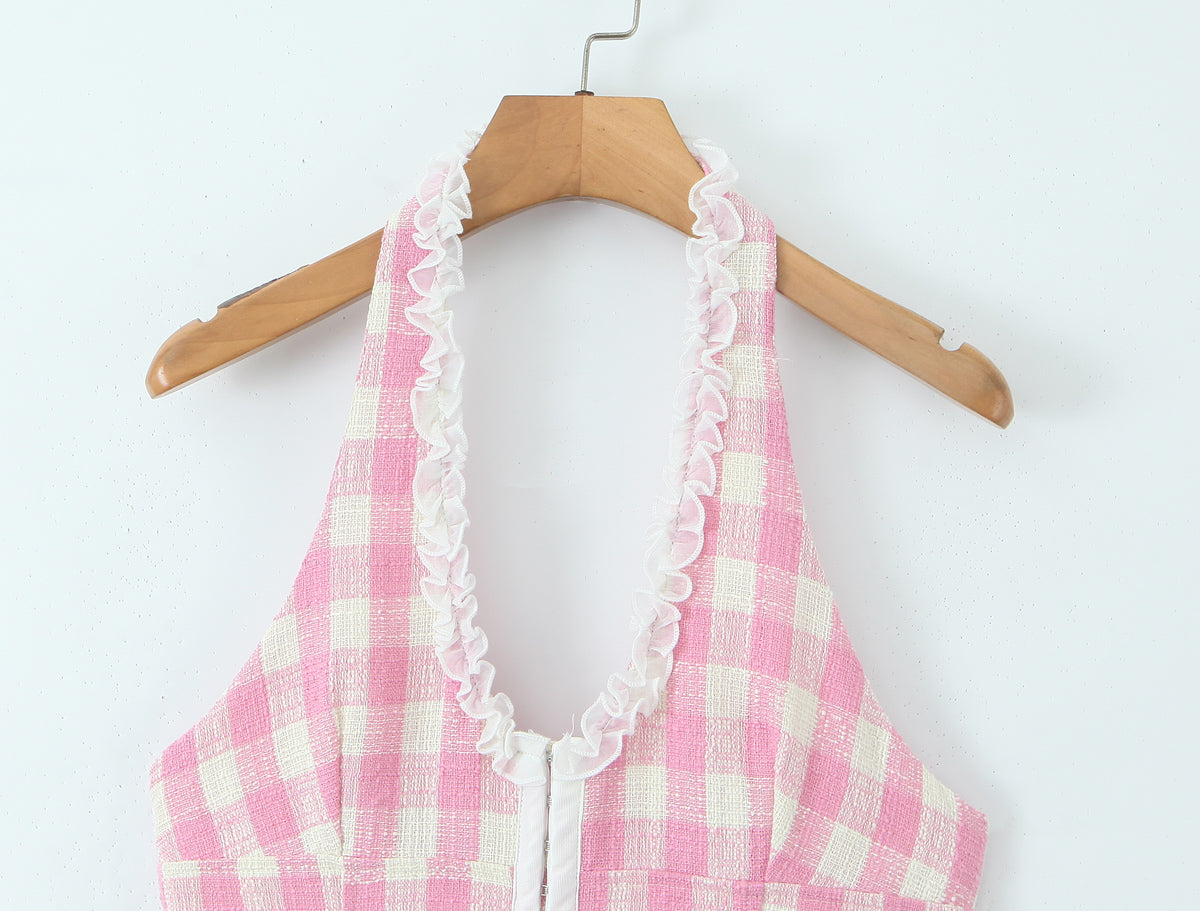 Sweet Plaid V Neck Halter Slim Waist Dress Summer Edge Stitched Backless Short Mini Dress