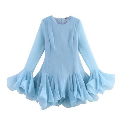 Laminated Ruffled Tulle Tutu Dress Summer Sweet Round Neck Flared Sleeves Slim Fit Short Mini Dress