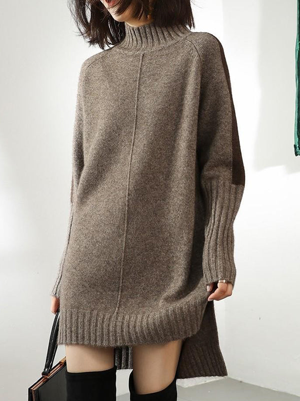 Loose Long Sleeves Contrast Color Half Turtleneck Sweater Dresses