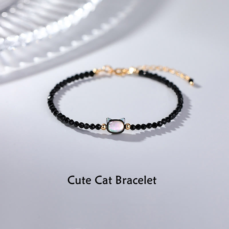 Buddha Stones 14k Gold Plated Black Spinel White Crystal Cat Tridacna Stone Healing Bracelet