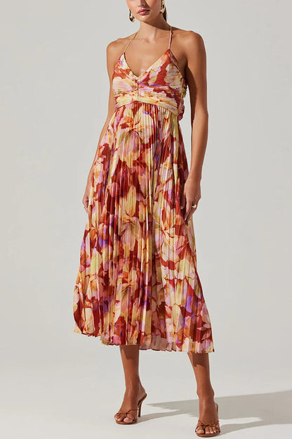 Wedding Party Season Print Pleated Back Tie-up Midi Dress
