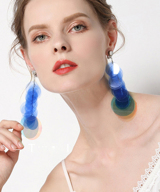 Blue Stainless Steel Round Sequin Tassel Drop Earrings