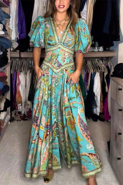 Vacation Linen Blend Unique Print Button Puff Sleeve Pocket Maxi Dress