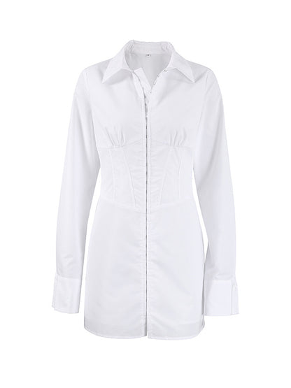 High Waisted Long Sleeves Buckle Color Split-front Lapel Mini Dresses
