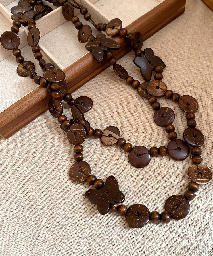Coffee Wooden Coconut Shell Beading Sweater Gratuated Bead Necklace