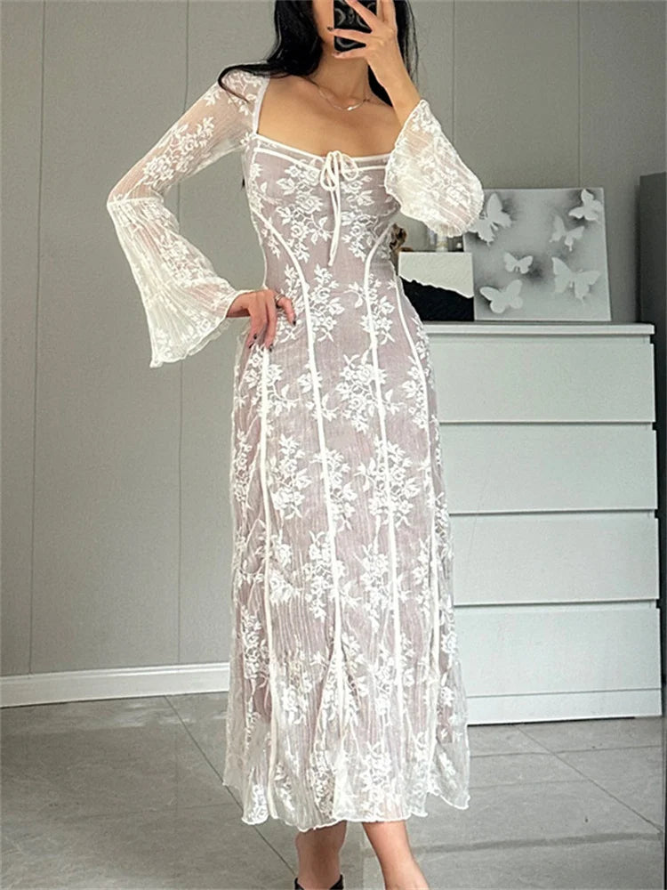 See-through Lace-up Lace Dress for Backless Slim Patchwork Printed Long Dress Bandage Party Dress