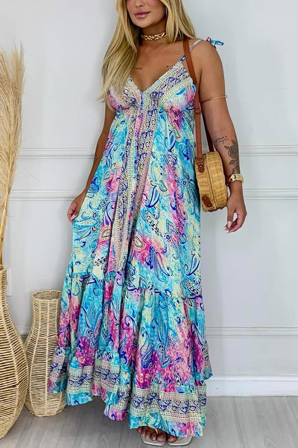 Style Unique Print V-neck Suspender Holiday Maxi Dress