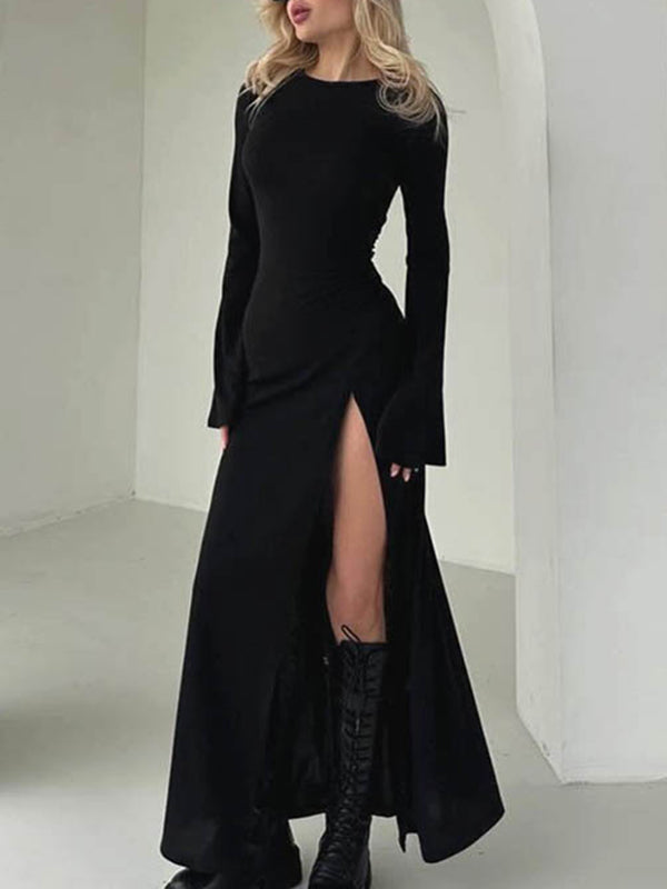 Long Sleeves Loose Asymmetric Color Split-joint Split-side Round-neck Maxi Dresses