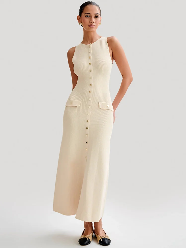 Sleeveless Buttoned Maxi Dress for Round Two Pocket Slim Knit Long Dress Knitwear New