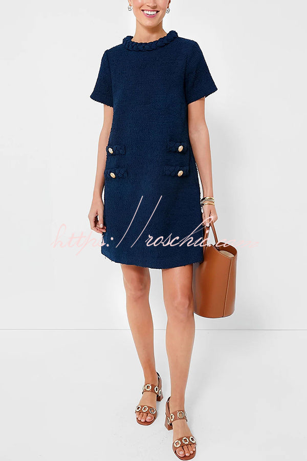 Confident and Tweed Fabric Braided Trim Button Shift Mini Dress