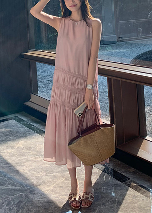 Pink Wrinkled Long Dress Sleeveless Qp036
