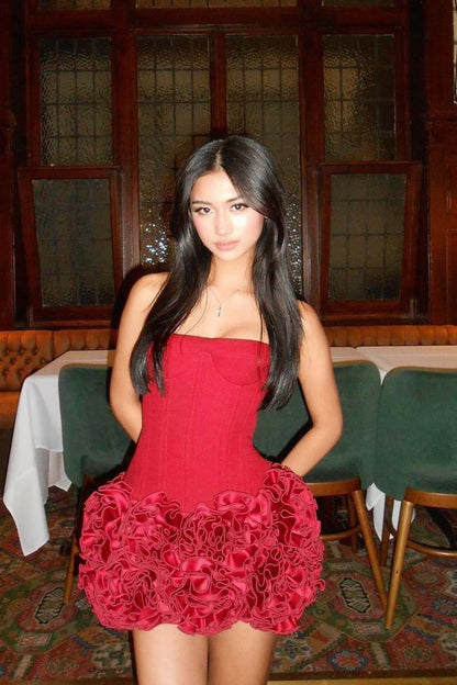 Red 3d Flower Hem Lace-up Off-shoulder Mini Dress