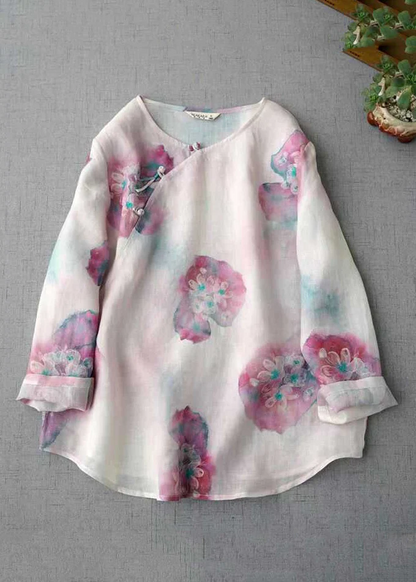 Grace Pink O Neck Print Chinese Button Linen Blouse Top Fall Qb031