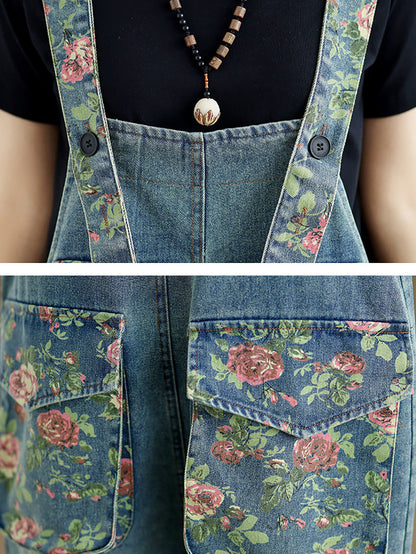 Summer Retro Flower Spliced Denim Jumpsuits Bn1030