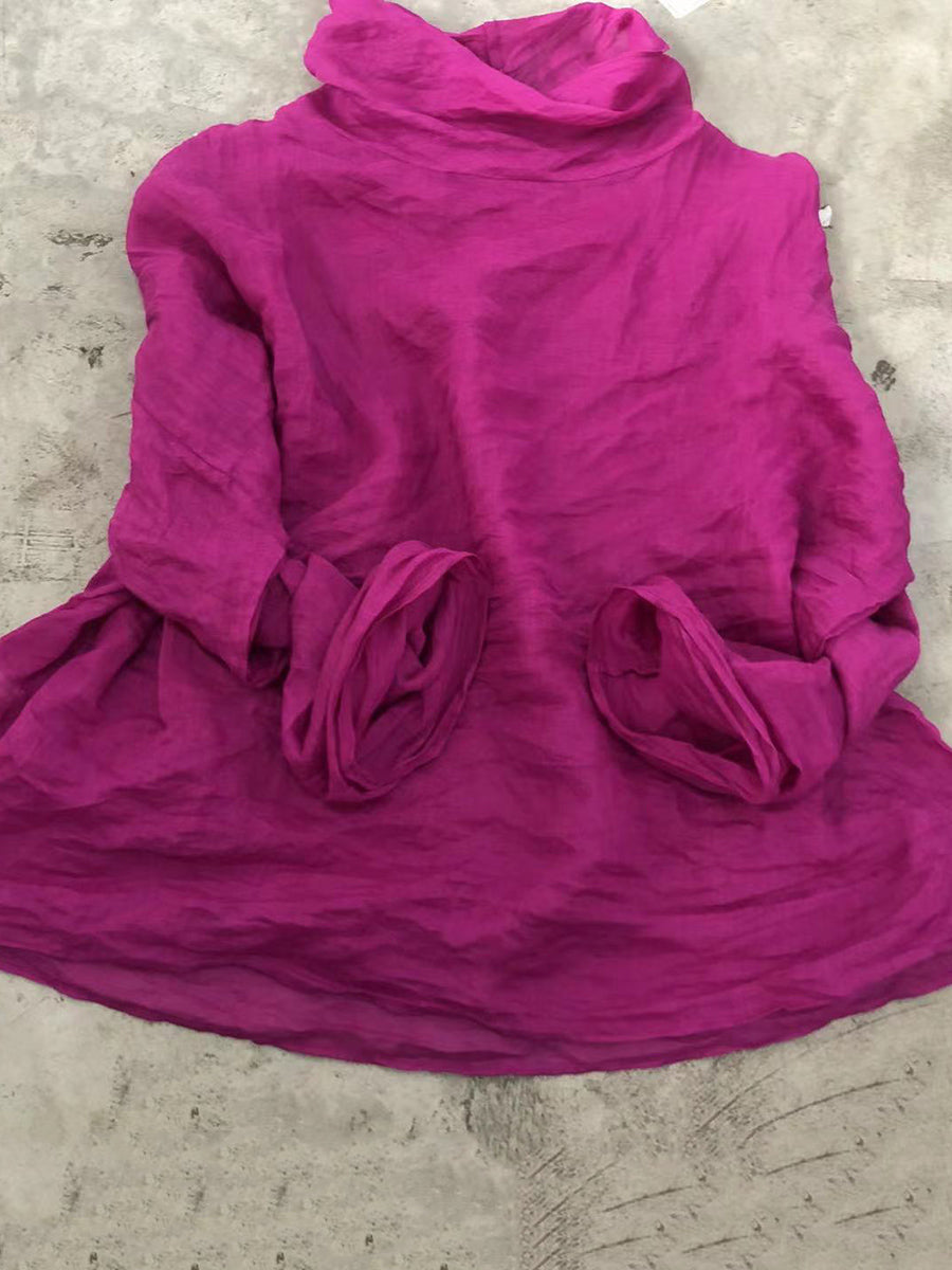 Autumn Pure Color Turtleneck Ramie Blouse Qu020