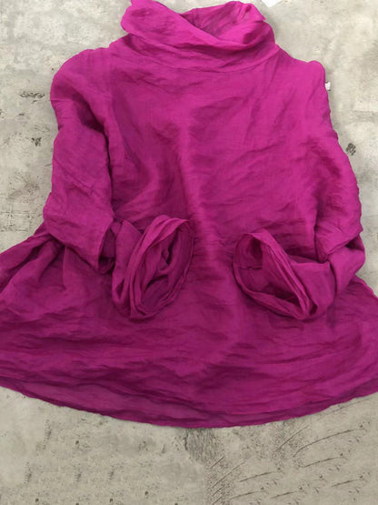 Autumn Pure Color Turtleneck Ramie Blouse Qu020