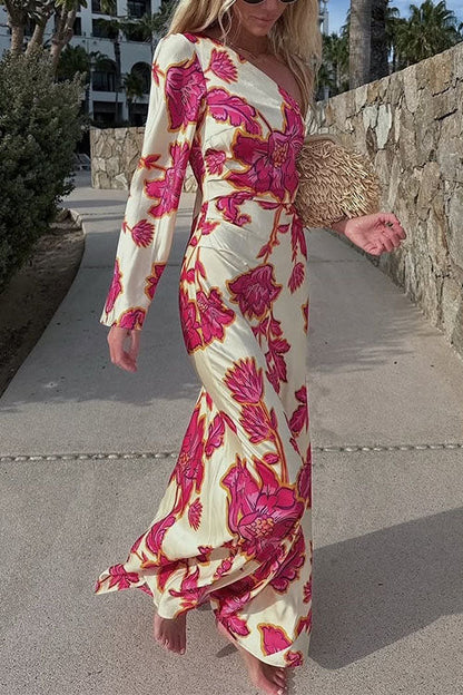 One Shoulder Long Sleeve Print Maxi Dress