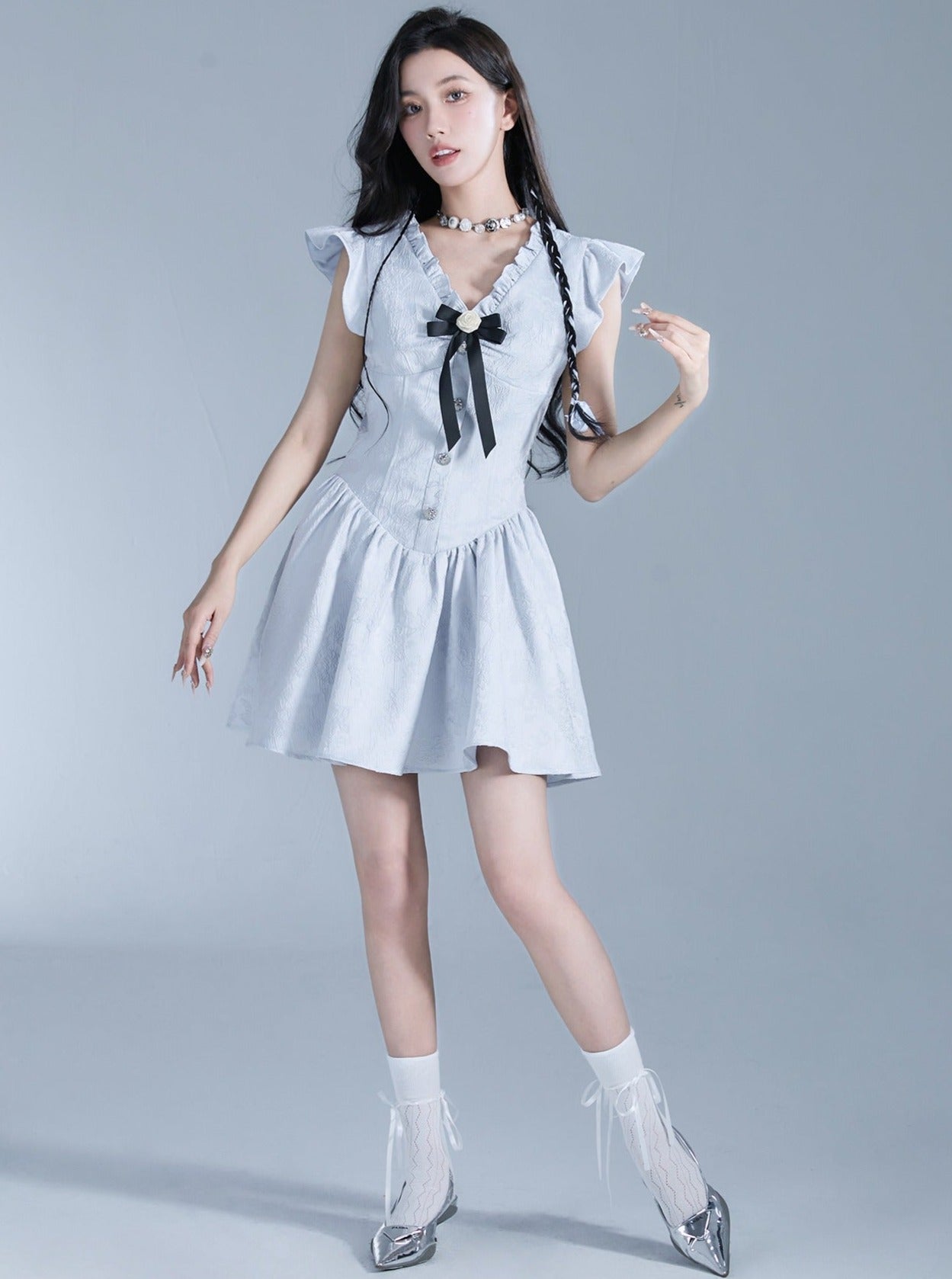 Sweet Lolita Flutter Sleeve Mini Dress With Bow Detail