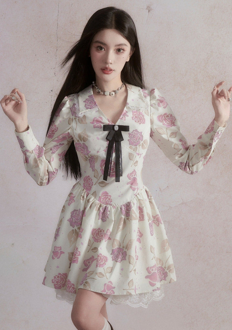 Romantic Lace-trimmed Mini Dress With Bow Detail
