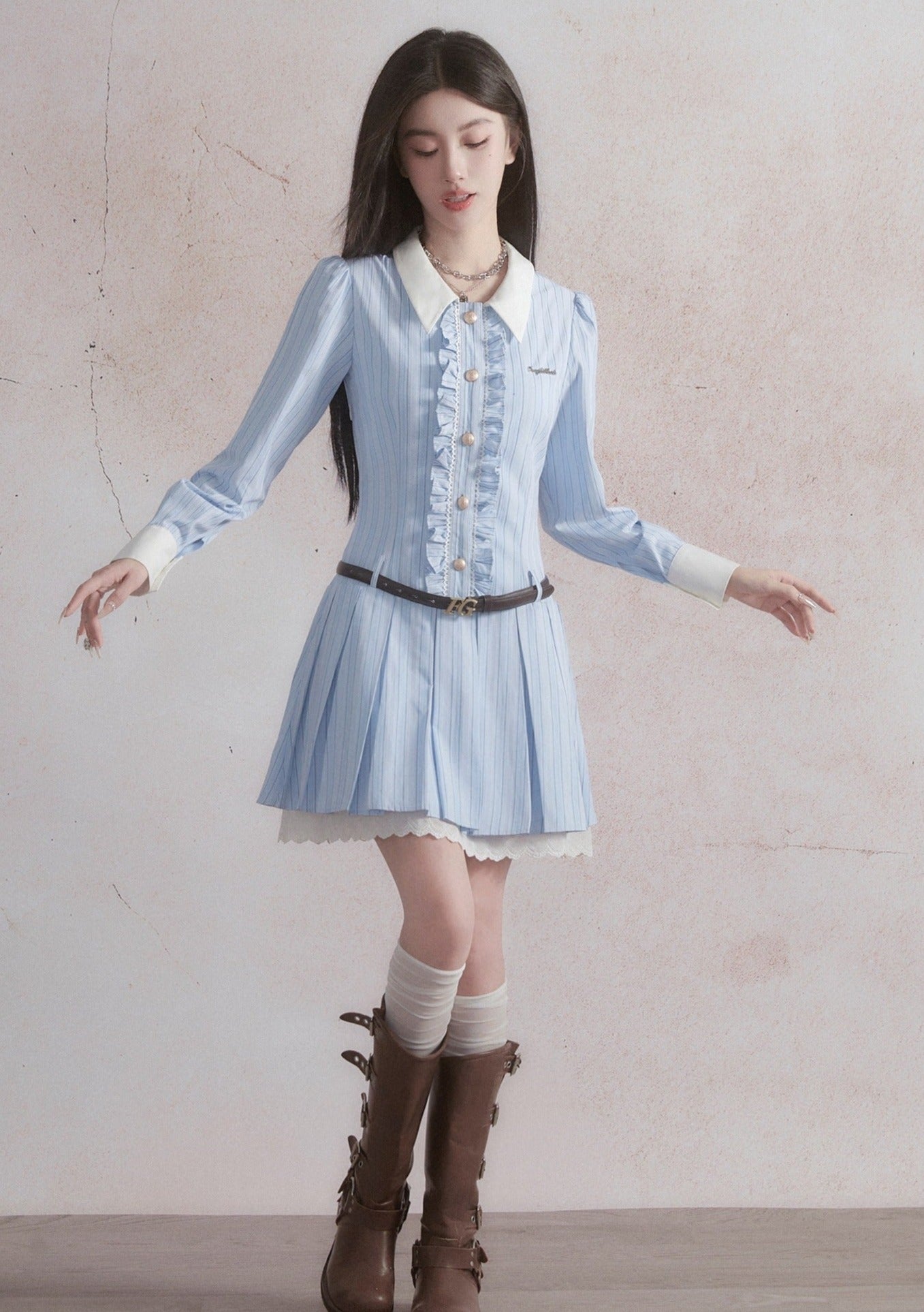 -inspired Ruffled Chambray Mini Dress With Belt