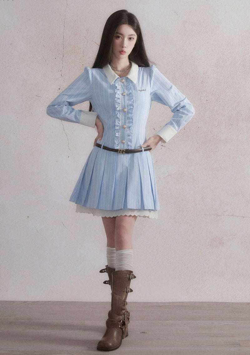 -inspired Ruffled Chambray Mini Dress With Belt