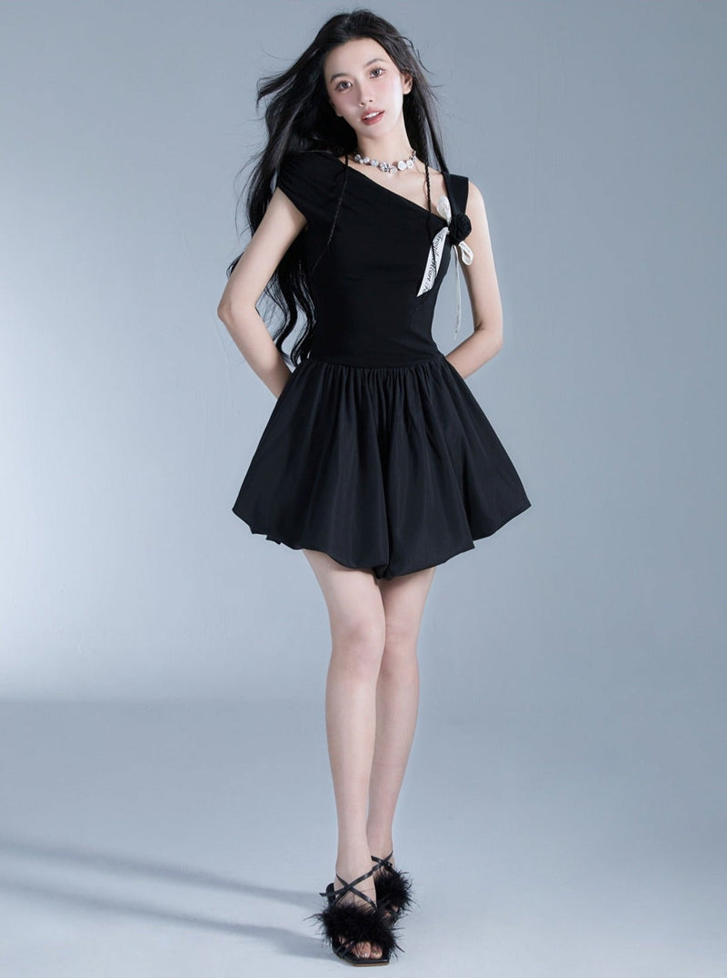 Off-shoulder Black Mini Dress With Contrast Bow Detail