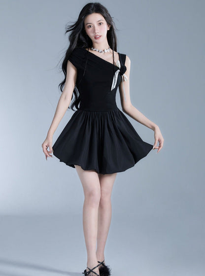 Off-shoulder Black Mini Dress With Contrast Bow Detail