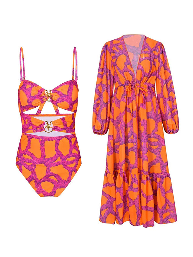 Starfish Printed Cutout One Piece Swimsuit and Cardigan