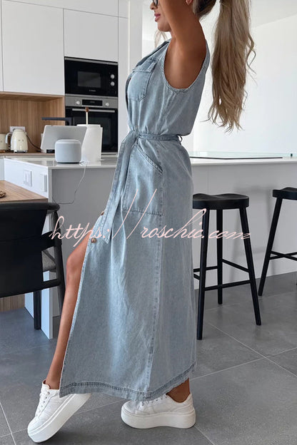 Color Sleeveless Single Breasted Waist Tie Pocket Denim Midi Dress