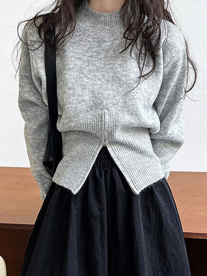 Grey Mock Neck Zip-up Hem Long Sleeve Sweater An1072