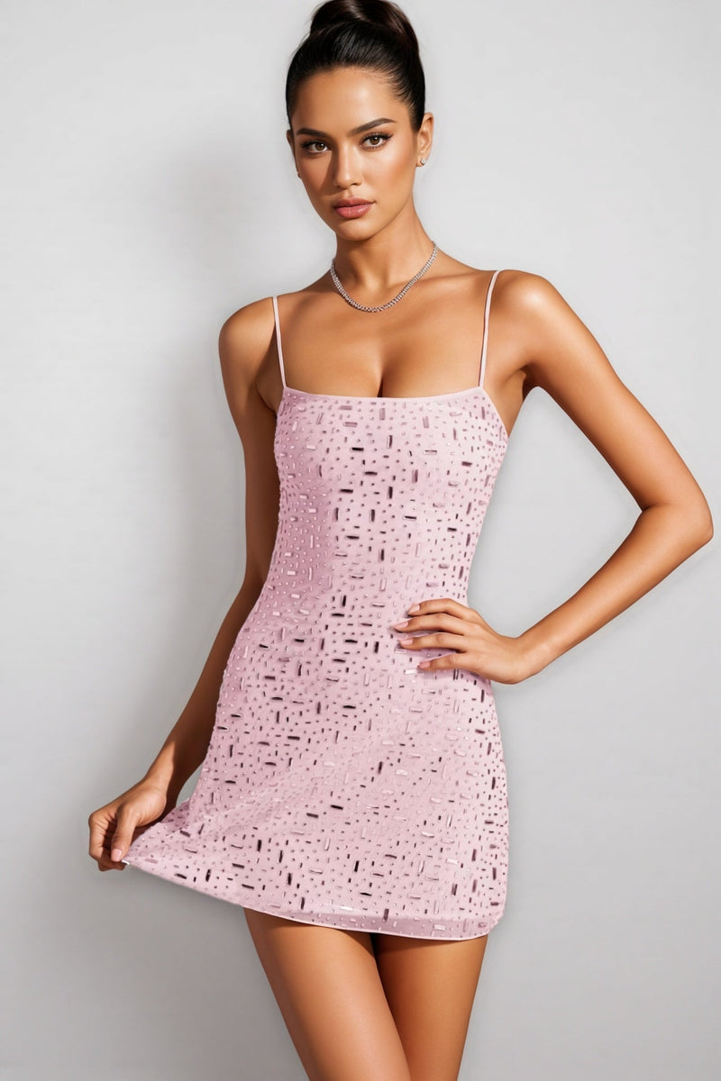 Kerra Sheer Embellished Square-neck Mini Dress